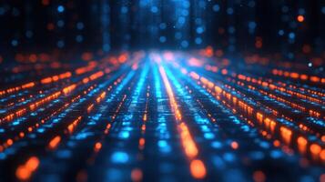 Blue and orange lights illuminate a dark surface, creating an otherworldly digital landscape effect photo