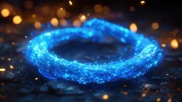 A bright blue energy ring radiates light surrounded by twinkling sparks in a dark setting photo