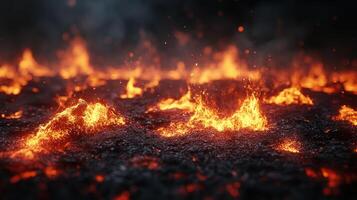 Lava erupts from the earth, illuminating the surrounding rocks with a fiery glow in a volcanic region photo