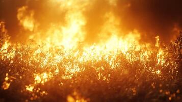 A fierce wildfire rages, consuming dry grass and creating a dramatic, dangerous atmosphere in the countryside photo