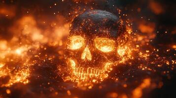 The molten lava surrounds a skull, creating an intense and fiery atmosphere amid the volcanic eruption photo