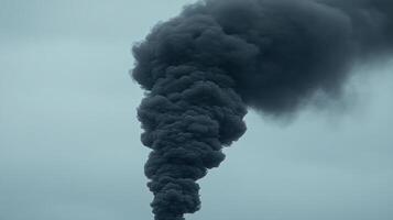 A thick column of dark smoke rises dramatically against the gray sky from a fire at an industrial site photo