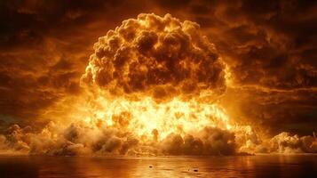 A massive explosion lights up the water and dark clouds, creating a dramatic scene photo