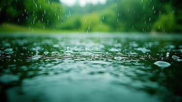 Soft rain makes ripples on a calm lake, encircled by lush greenery in a serene atmosphere photo