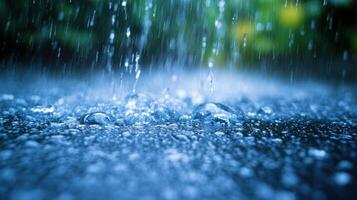 Morning rain softly falls, causing ripples as droplets hit the surface in a vibrant garden photo