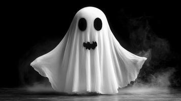 A ghost with a hanging white sheet and black features stands in a darkened area, creating a spooky ambiance photo