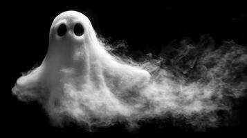A playful ghost figure floats through a cloud of mist, evoking a whimsical Halloween vibe in a dark setting photo
