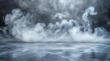 Wisps of fog rise gracefully above the reflective water, creating an ethereal atmosphere in low light photo