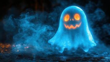 A bright blue ghost with a cheerful expression appears amidst swirling fog in a dark environment photo