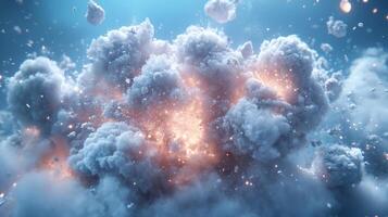 A massive explosion erupts, filling the atmosphere with thick clouds and fiery bursts of light against a blue backdrop photo