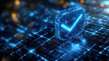 The glowing checkmark symbol made of digital particles stands out against a high-tech backdrop photo