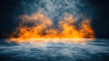 Fires create vibrant orange flames contrasted by a deep smoky backdrop, adding intensity to the atmosphere photo