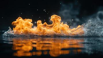 Flames dance atop water, creating a mesmerizing contrast of fire and liquid in a night setting photo