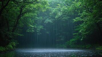 Heavy rain falls in a dense forest, creating ripples on the surface of a peaceful lake surrounded by trees photo