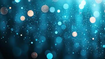 The scene features a vibrant blue backdrop with floating bokeh lights creating a magical ambiance photo