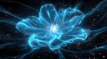 A glowing blue flower radiates light in a dark space, surrounded by swirling patterns and sparkling particles photo