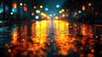 Raindrops create a shimmering effect on the street, reflecting vibrant lights and creating a moody atmosphere at night photo