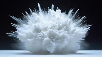 A white powder erupts forcefully, forming a large cloud in a dark environment, capturing the intensity of the moment photo