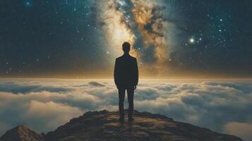 A person stands against a breathtaking cosmic backdrop, contemplating the beauty of the universe during nighttime photo
