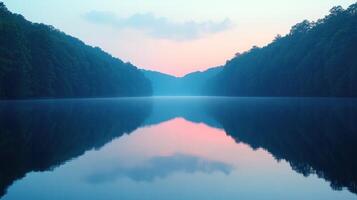 Early morning light casts soft hues over the lake, reflecting trees and clouds in perfect symmetry photo