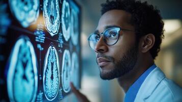 A doctor intently studies brain scans on a digital screen in a clinical setting photo