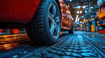 A red car tire rests on a patterned surface while bright lights illuminate the busy workshop photo