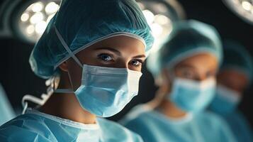 Surgeons focus on their tasks while wearing masks and scrubs in a well lit operating room photo