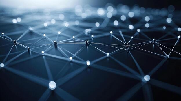 Interconnected nodes are illuminated against a dark background, highlighting a technological network photo