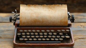 A vintage typewriter sits on a rustic wooden table with a piece of blank paper ready for writing photo