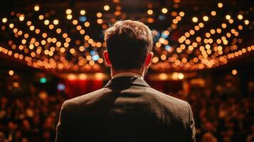 A speaker captivates a large crowd with a compelling presentation under bright lights photo