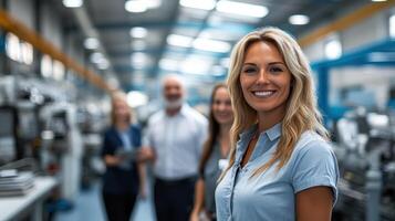 Group of professionals smiling and engaging in a manufacturing environment during the daytime photo