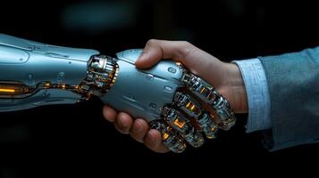 A human and robotic hand are shaking, representing unity between humans and technology photo