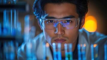 A scientist intently observes test tubes filled with vibrant liquids, focusing on his experiment in a lab photo