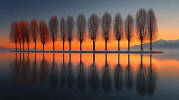 Silhouettes of tall trees line the water, creating stunning reflections as the sun sets, casting warm hues photo