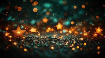 Golden stars twinkle amidst shimmering lights, creating a festive evening atmosphere photo