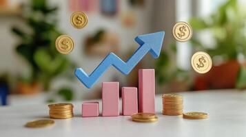 Upward trending graph made of blocks with gold coins around it in a modern workspace environment photo