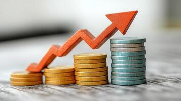 Bars of coins stack up as a red arrow points upward, symbolizing financial growth and prosperity photo