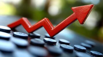 A red arrow representing growth points upward over calculator buttons surrounded by greenery photo