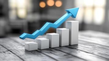 A blue arrow points upward alongside a bar graph indicating growth on a rustic wooden table photo
