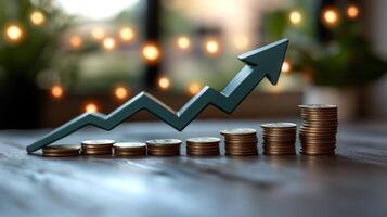 Coins stacked in a row with a graph indicating upward growth in a cozy atmosphere photo