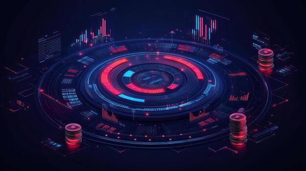 Complex digital visuals show data trends and metrics surrounded by glowing elements in a dark environment photo