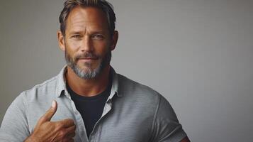 Man with a beard smiles and gives a thumbs up in a neutral studio environment, exuding positivity photo