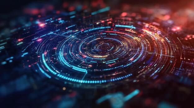 un vibrante digital diseño caracteristicas circular patrones y luminoso elementos simbolizando tecnológico datos fluir foto