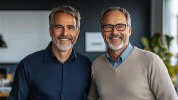 Two friendly men pose for a picture in a contemporary office environment filled with natural light photo