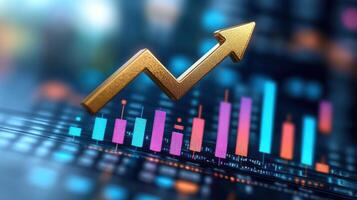 Colorful bar graph and arrow indicate financial growth trends on a digital interface filled with data photo
