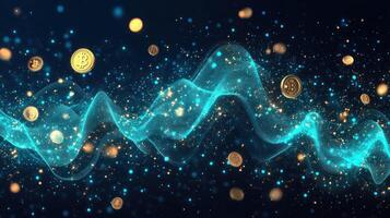 Glowing waves and floating coins visualize the dynamic nature of cryptocurrency in a digital space photo