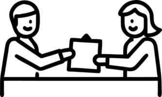 A businessman and businesswoman sealing a deal by exchanging documents over a desk with smiling faces isolated on white vector