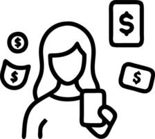 A female entrepreneur making an online payment using her smartphone with digital icons floating around isolated on white vector