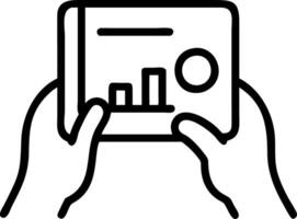 A person using a tablet to review financial data with a plain white background and ample space for text captured with a slight tilt to focus on the device and data vector
