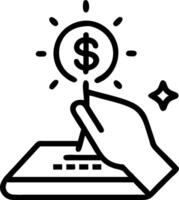 Close up of a businessmans hand tapping a glowing currency symbol on a holographic device with copy space vector